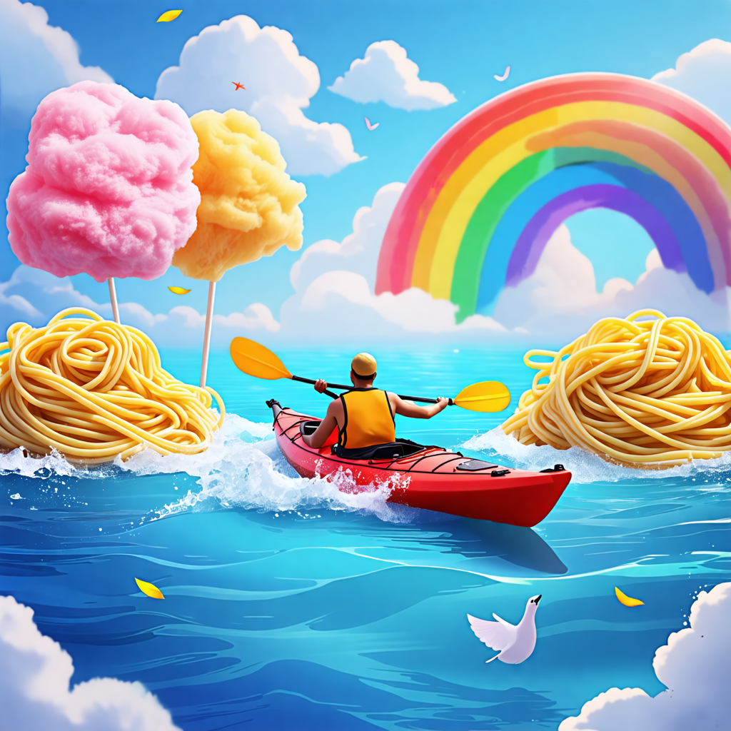 kayak, rainbow, pasta, cotton candy